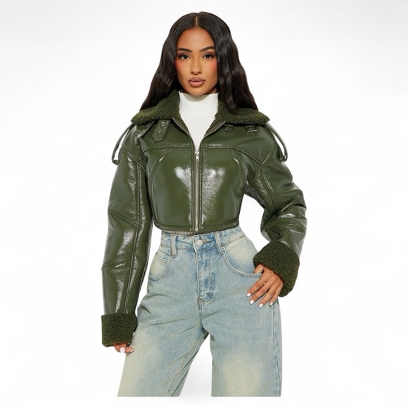 Bad Influence Faux Leather Cropped Jacket - Olive S - Picture 1 of 4